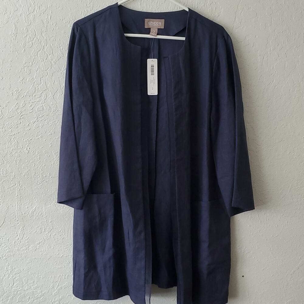 Chico's Indigo Linen Open Front Jacket Size 2. Large